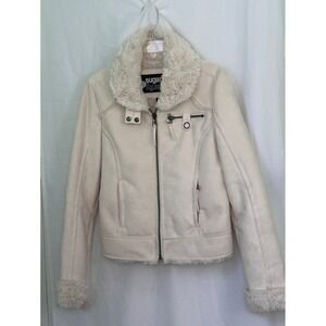Sugarfly Faux Suede Moto Jacket Cream‎ Sherpa Collar & Trim Womens Large